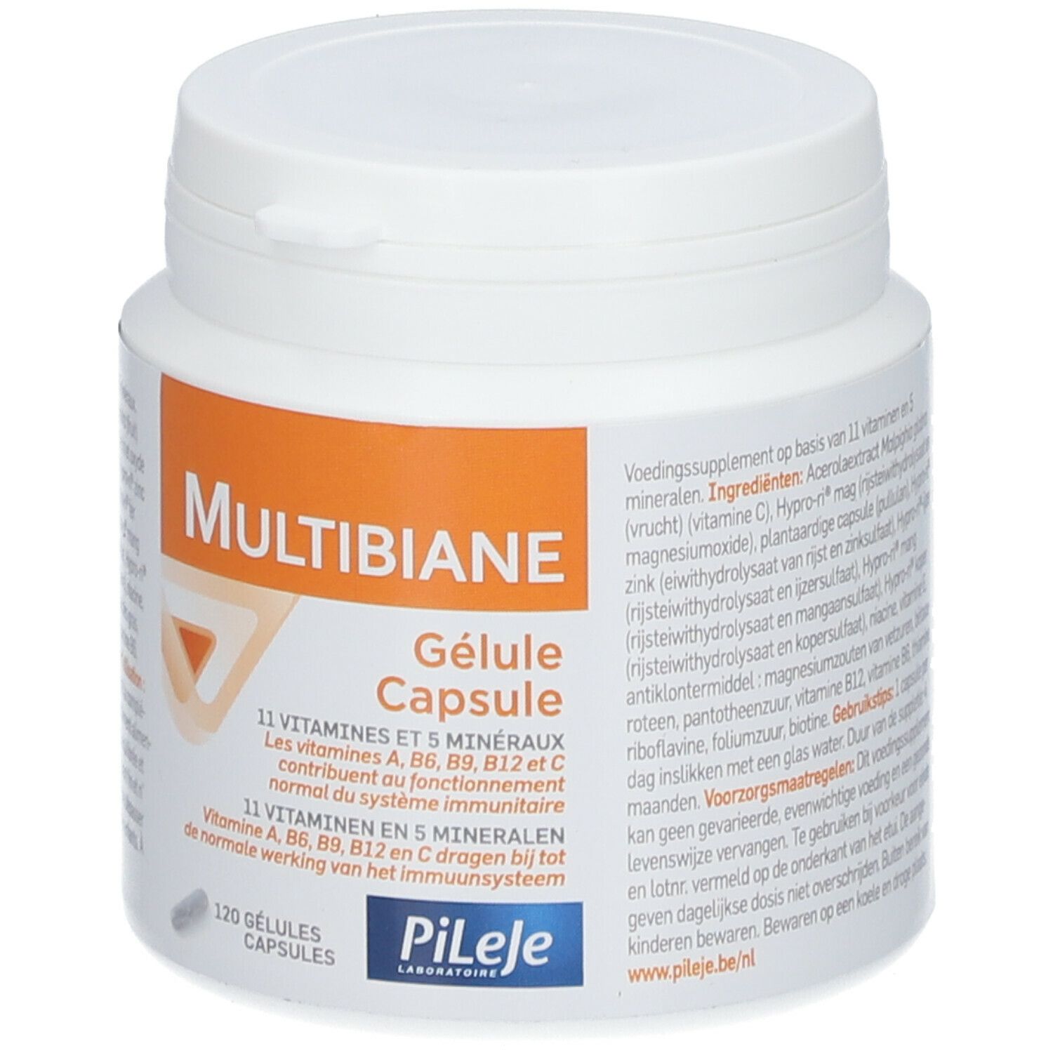 Witte pot met oranje etiket. Opschrift: MULTIBIANE Gélule Capsule. Bevat 120 capsules.