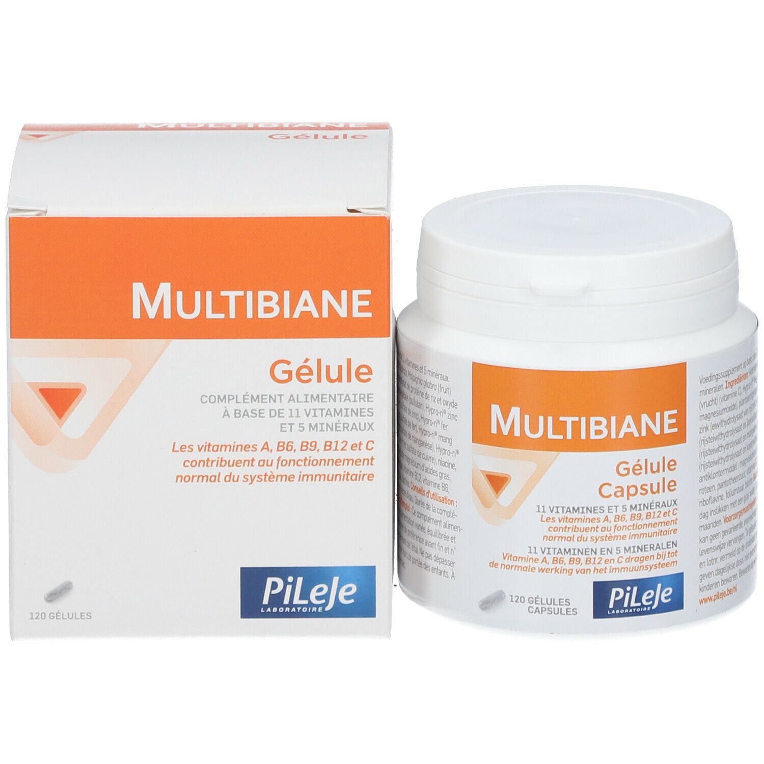 Witte pot en doos met oranje etiket. Opschrift: MULTIBIANE Gélule. Bevat 120 capsules.