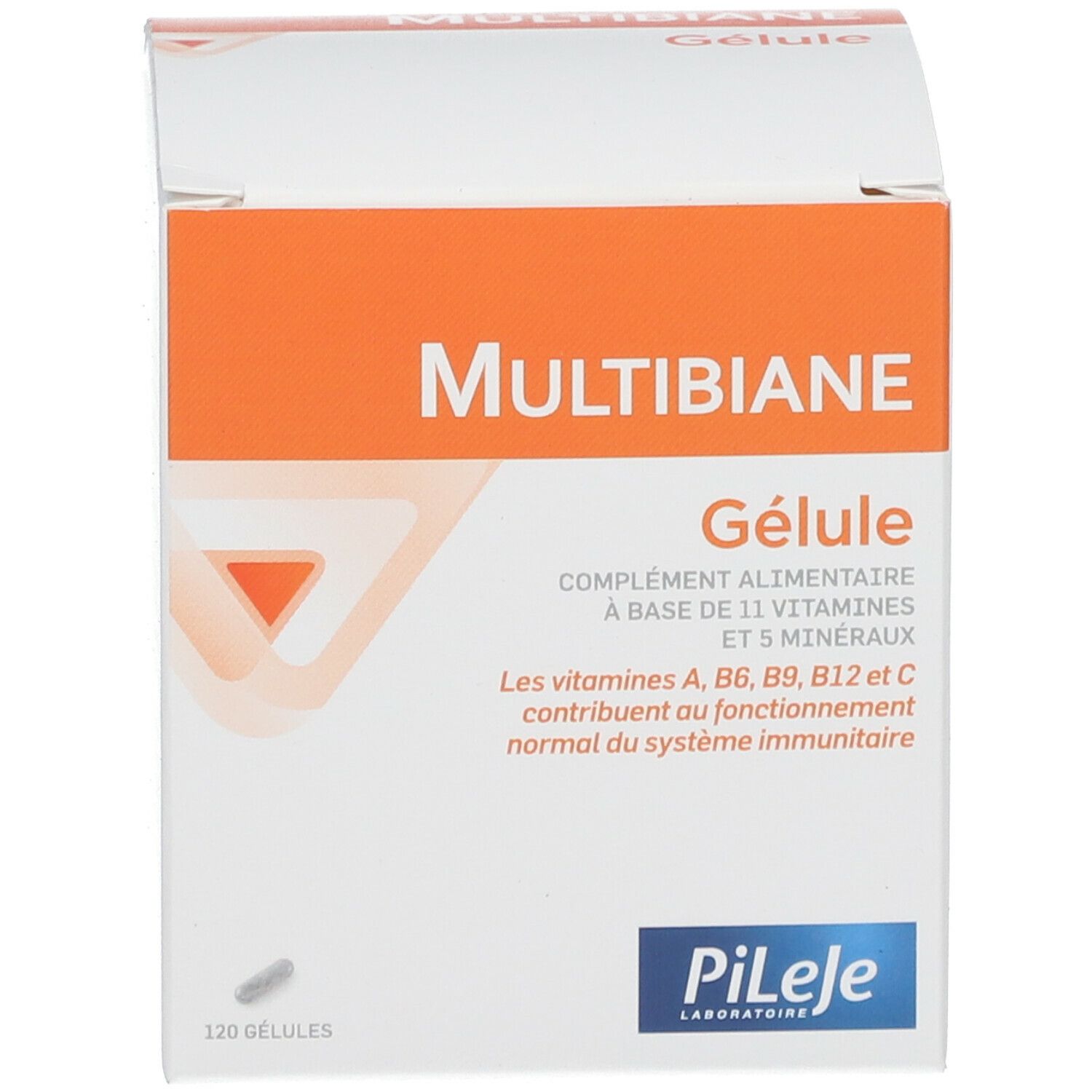 Witte doos met oranje etiket. Opschrift: MULTIBIANE Gélule. Bevat 120 capsules. Merk Pileje.