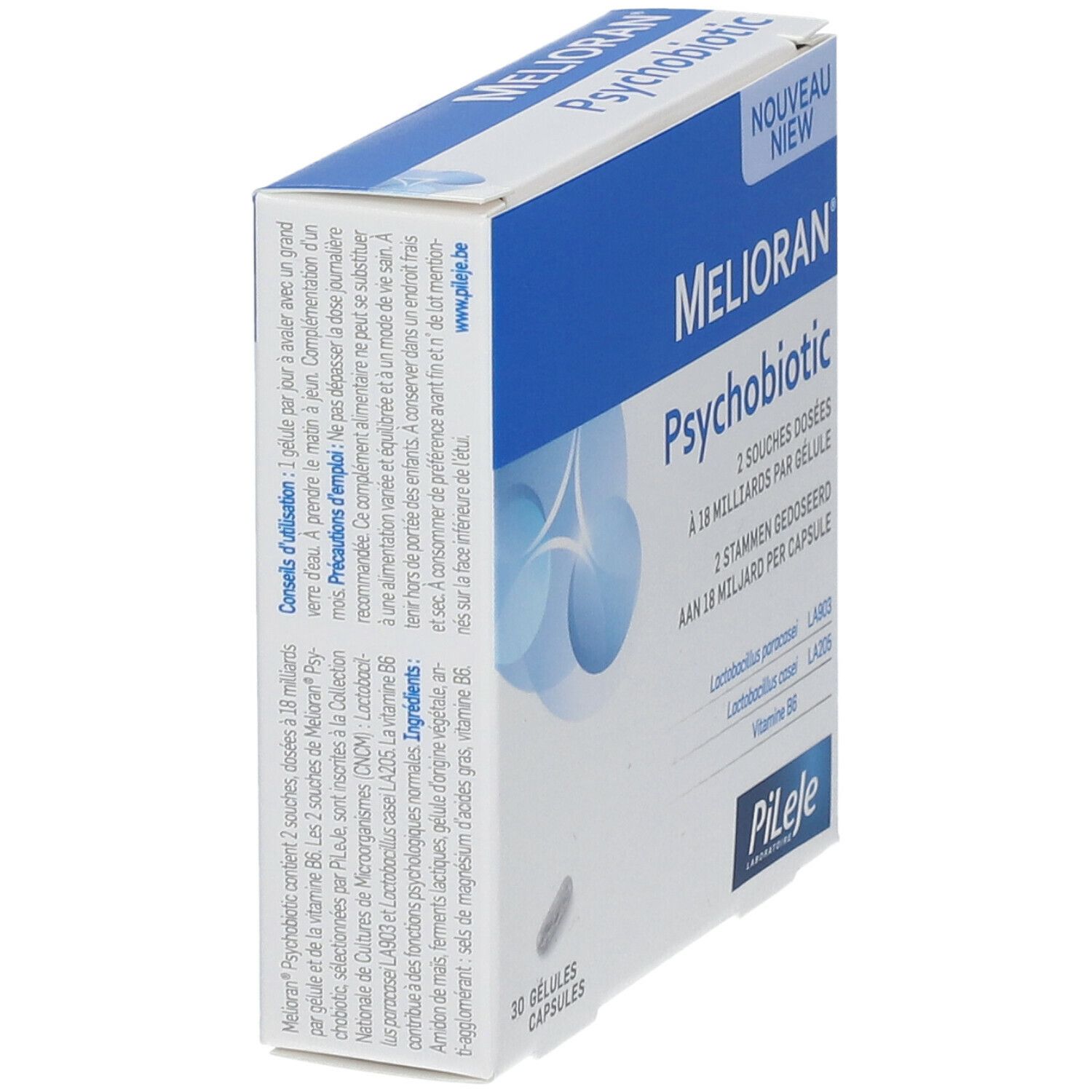 Vue en biais de la boîte Melioran Psychobiotique. Boîte bleue et blanche avec informations produit.