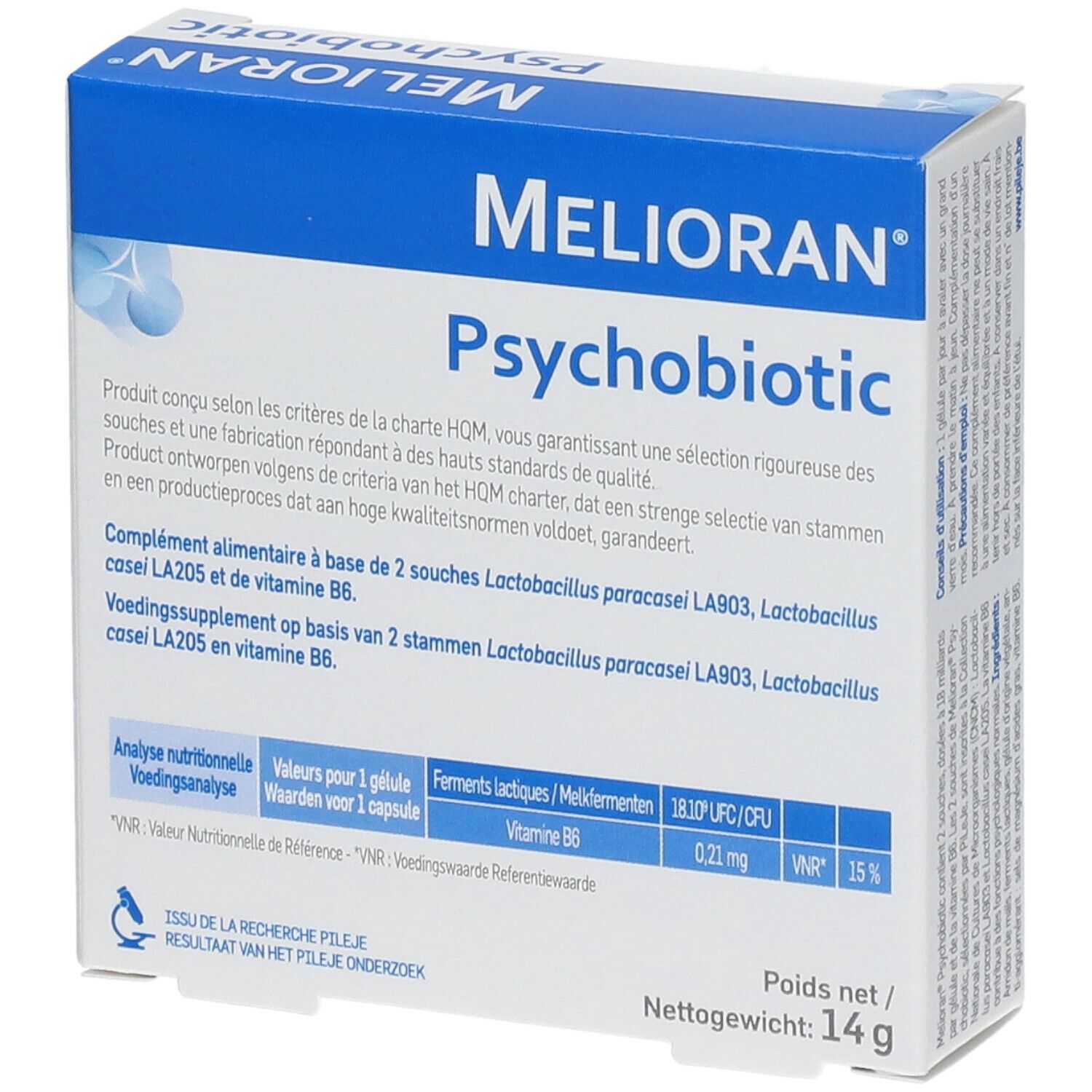 Dos de la boîte Melioran Psychobiotique. Contient informations nutritionnelles et ingrédients.