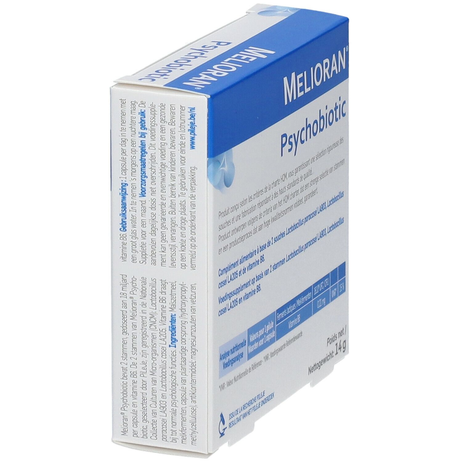 Vue en biais de la boîte Melioran Psychobiotique. Contient informations et ingrédients.