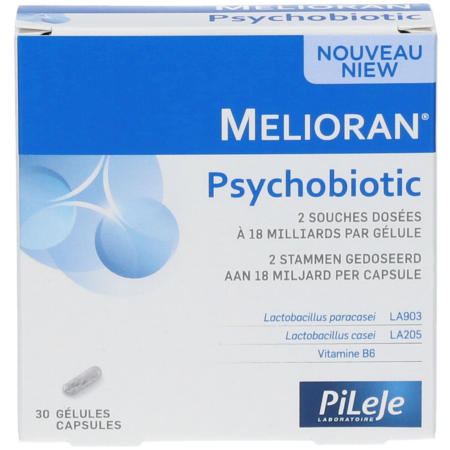 Boîte Melioran Psychobiotique, 30 gélules. Marque Pileje. Boîte bleue et blanche.