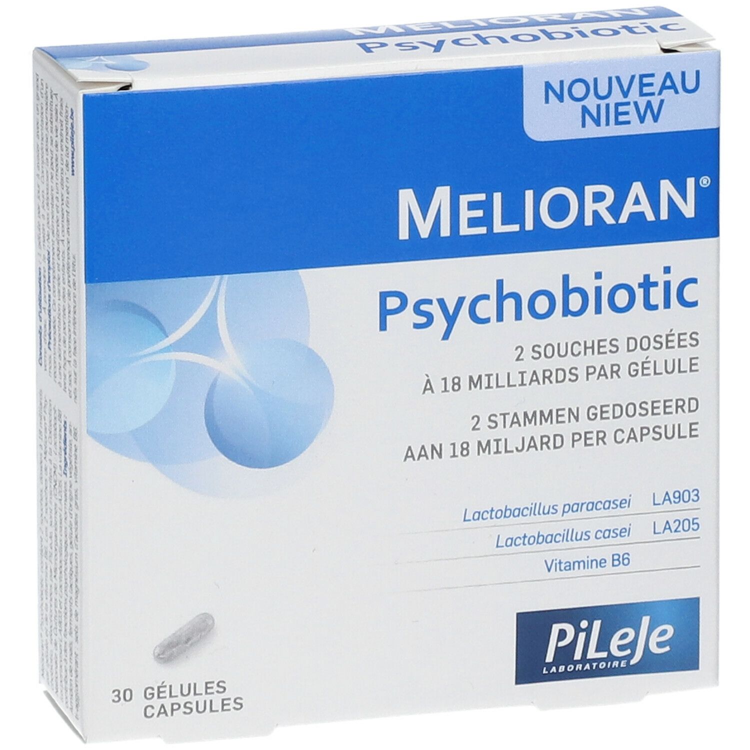 Boîte Melioran Psychobiotique, 30 gélules. Marque Pileje. Boîte bleue et blanche.