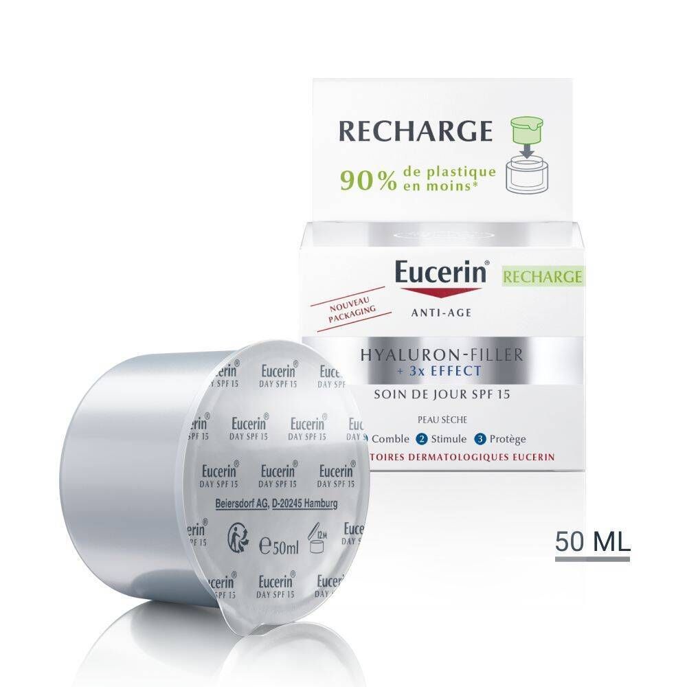 Eucerin Recharge Hyaluron-Filler + 3x Effekt Soin de jour SPF15. Emballage et recharge.