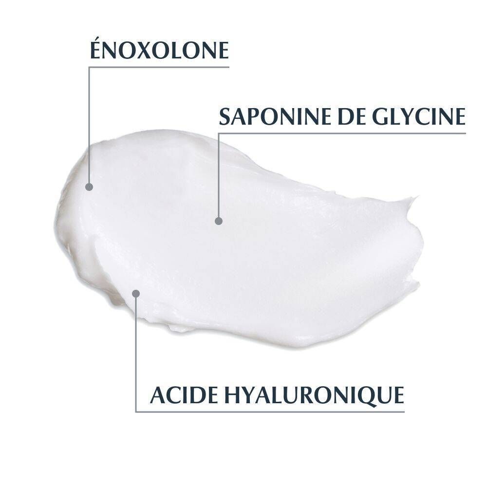 Gros plan d'une crème avec les noms : Énoxolone, Saponine de glycine, Acide hyaluronique.