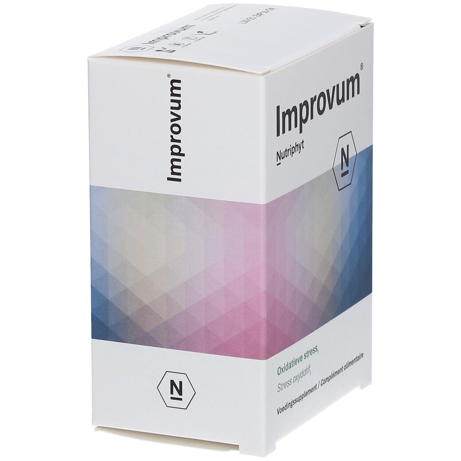 Witte doos met "Improvum" en "Nutriphyt". Logo "N". Achtergrond met kleurovergang.