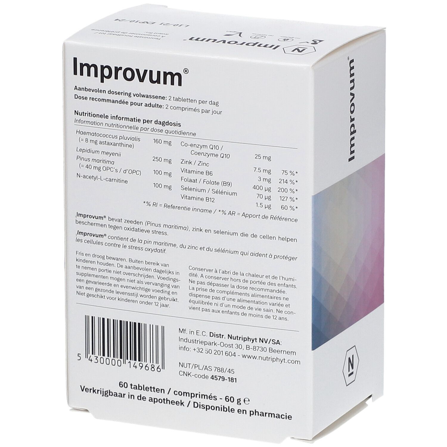 Achterkant van de "Improvum" verpakking. Voedingswaarde en ingrediënten. Logo "N".