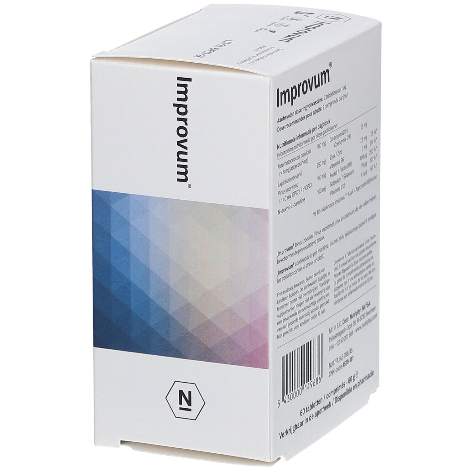 Achterkant van de "Improvum" verpakking. Voedingswaarde informatie. Logo "N".