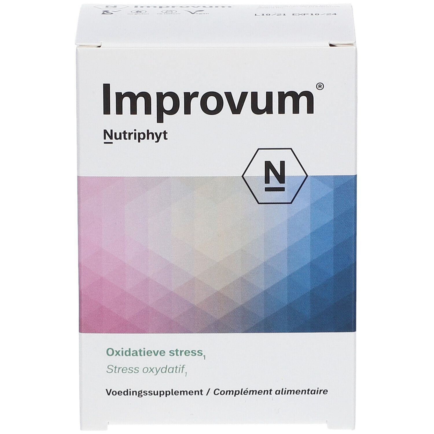 Witte doos met "Improvum" en "Nutriphyt". Logo "N". Tekst: Oxidatieve stress, Voedingssupplement.