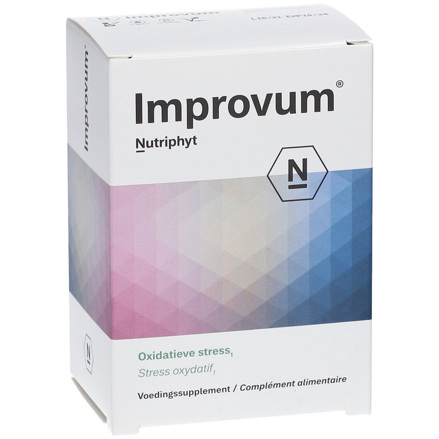 Witte doos met "Improvum" en "Nutriphyt". Logo "N". Tekst: Oxidatieve stress, Voedingssupplement.