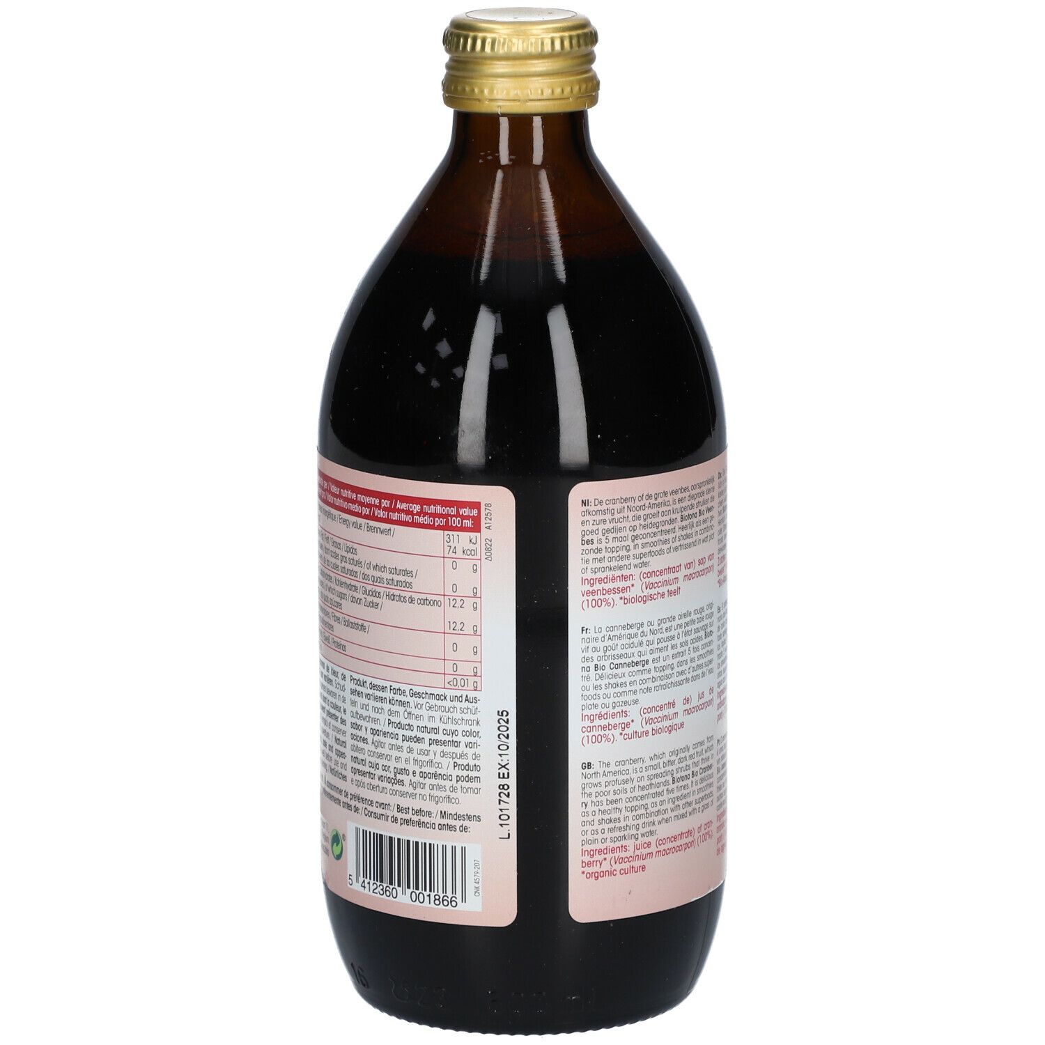 Achterkant van de bruine glazen fles met cranberrysap. Etiket met tekst en logo. 500 ml.