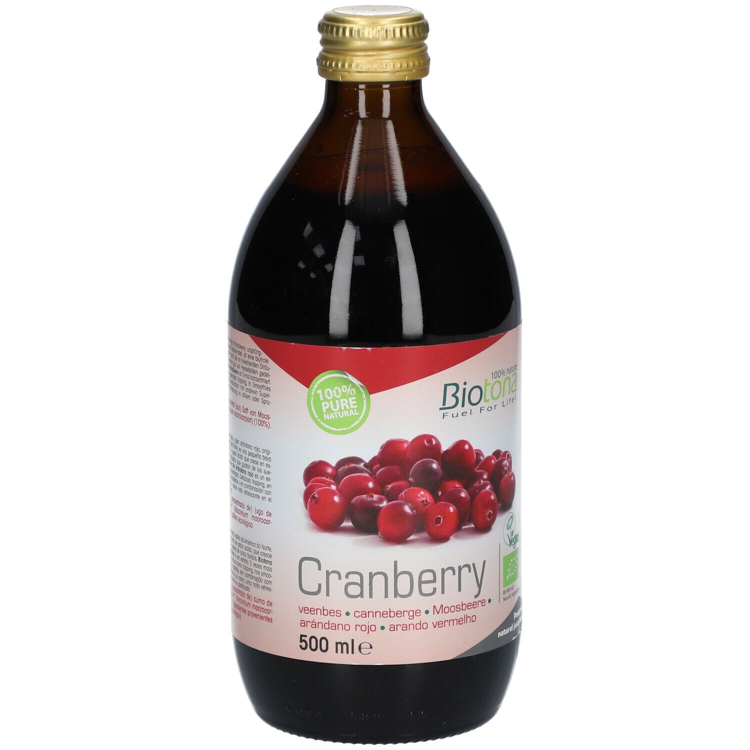 Bruine glazen fles met cranberrysap. Etiket met cranberry afbeelding, tekst en logo. 500 ml.