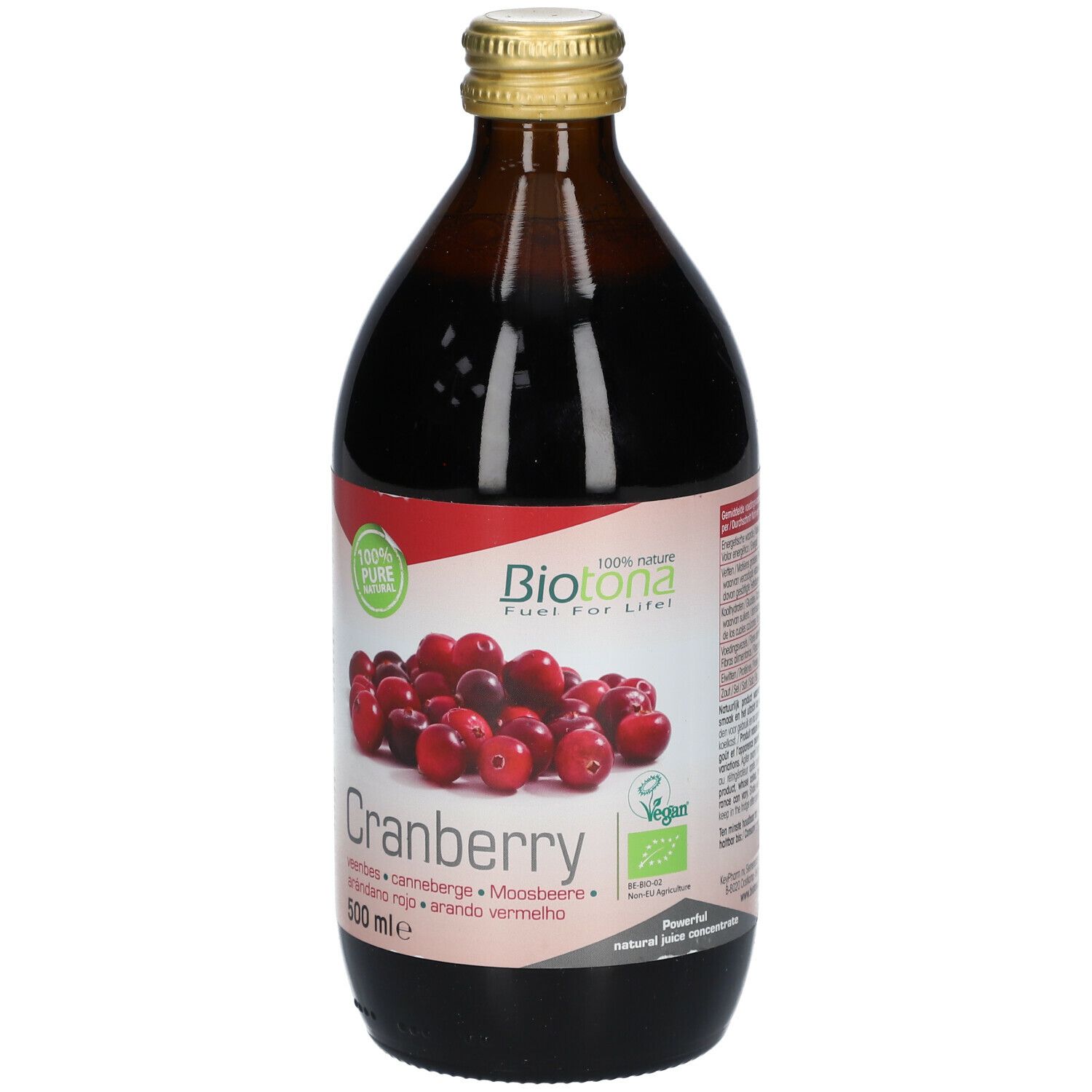 Bruine glazen fles met cranberrysap. Etiket met cranberry afbeelding, tekst en logo. 500 ml.