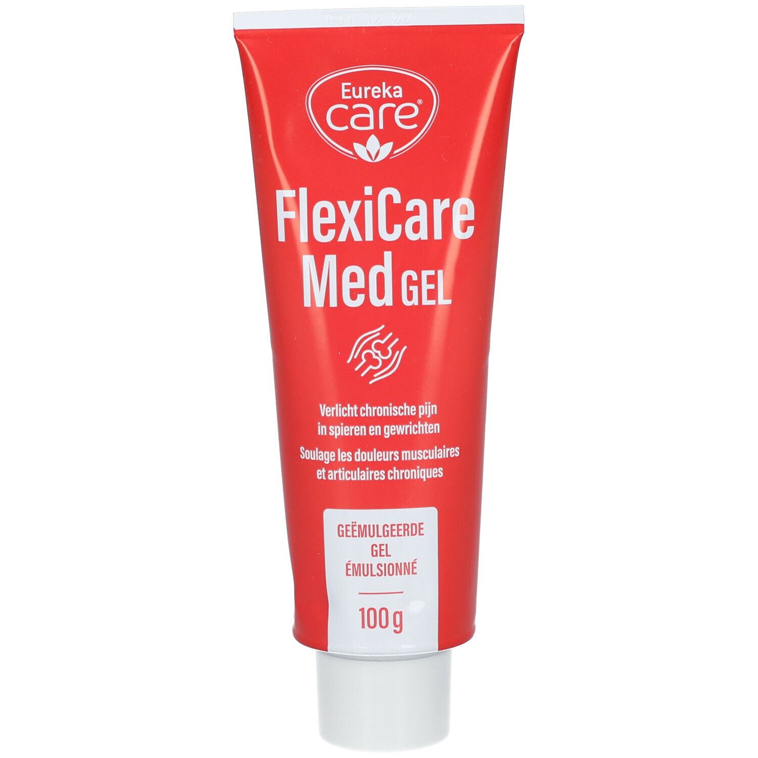 Rode tube met witte dop. Opschrift FlexiCare Med Gel en Eureka Care logo. Tekst in het Nederlands en Frans.