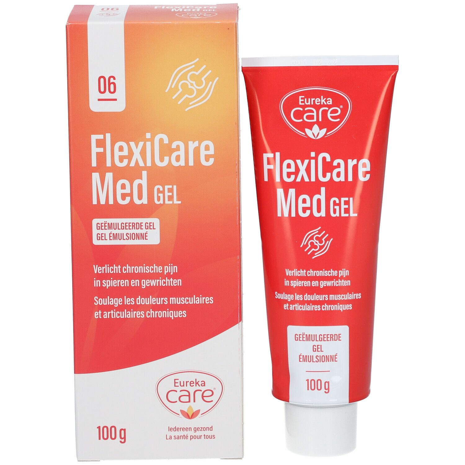 Verpakking en tube. Oranje-witte verpakking met FlexiCare Med Gel. Rode tube met witte dop.