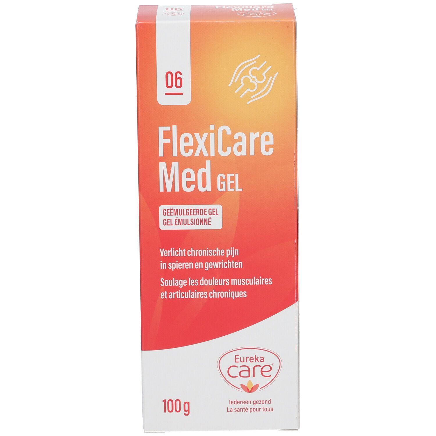 Oranje-witte verpakking. Opschrift FlexiCare Med Gel. Eureka Care logo. Tekst in het Nederlands en Frans.