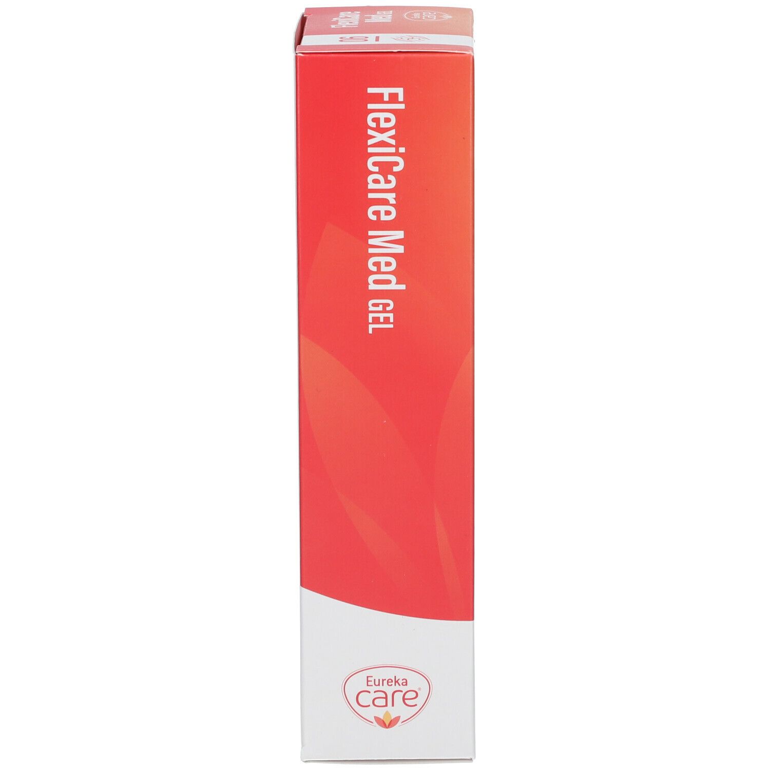 Smalle, hoge productverpakking. Opschrift FlexiCare Med Gel. Eureka Care logo. Kleurovergang van oranje naar wit.