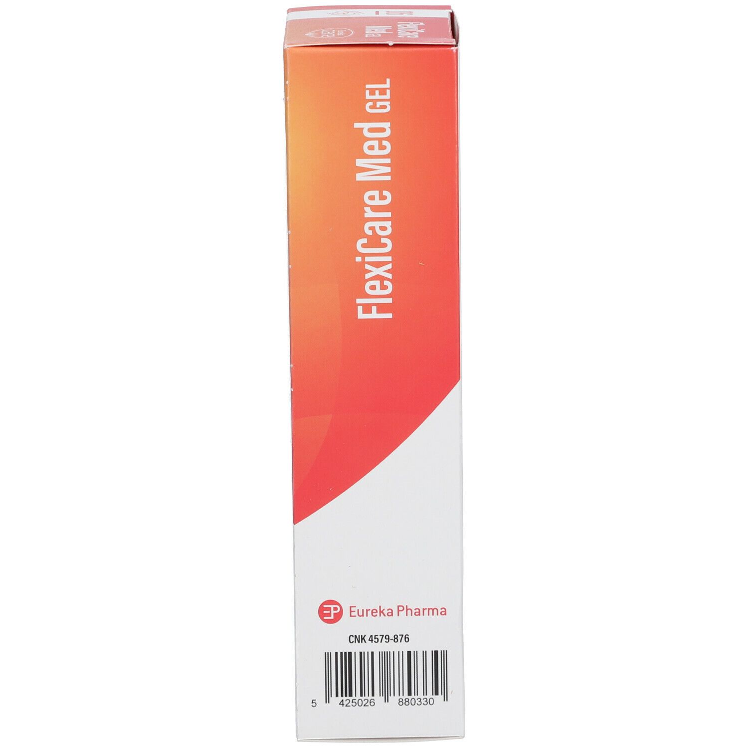 Productverpakking. Opschrift FlexiCare Med Gel. Barcode en fabrikantinfo. Kleurovergang van oranje naar wit.