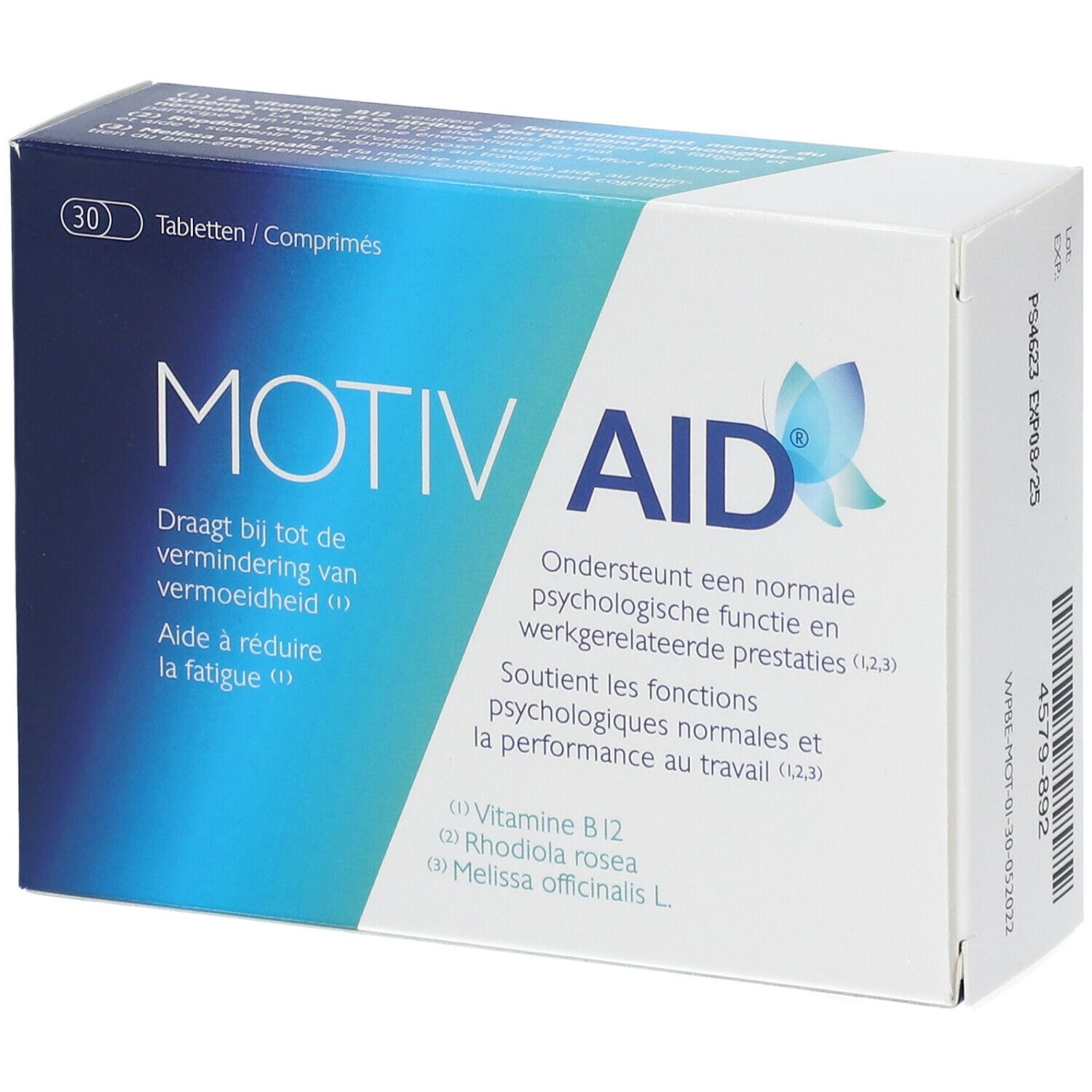 Boîte de comprimés "MOTIV AID". Emballage bleu et blanc avec texte et logo. 30 comprimés.