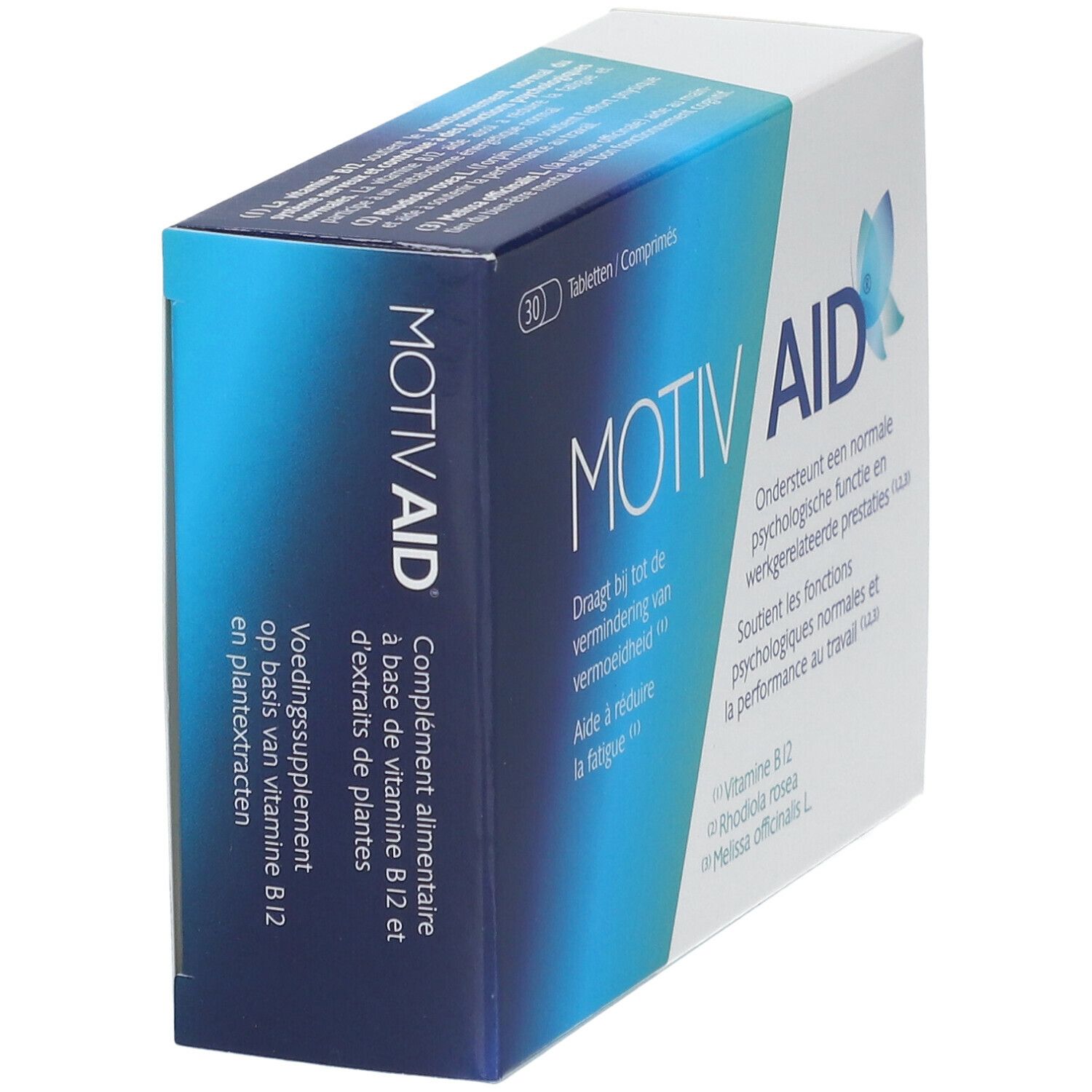 Boîte "MOTIV AID" en emballage bleu et blanc. Texte et logo visibles. Contient des comprimés.
