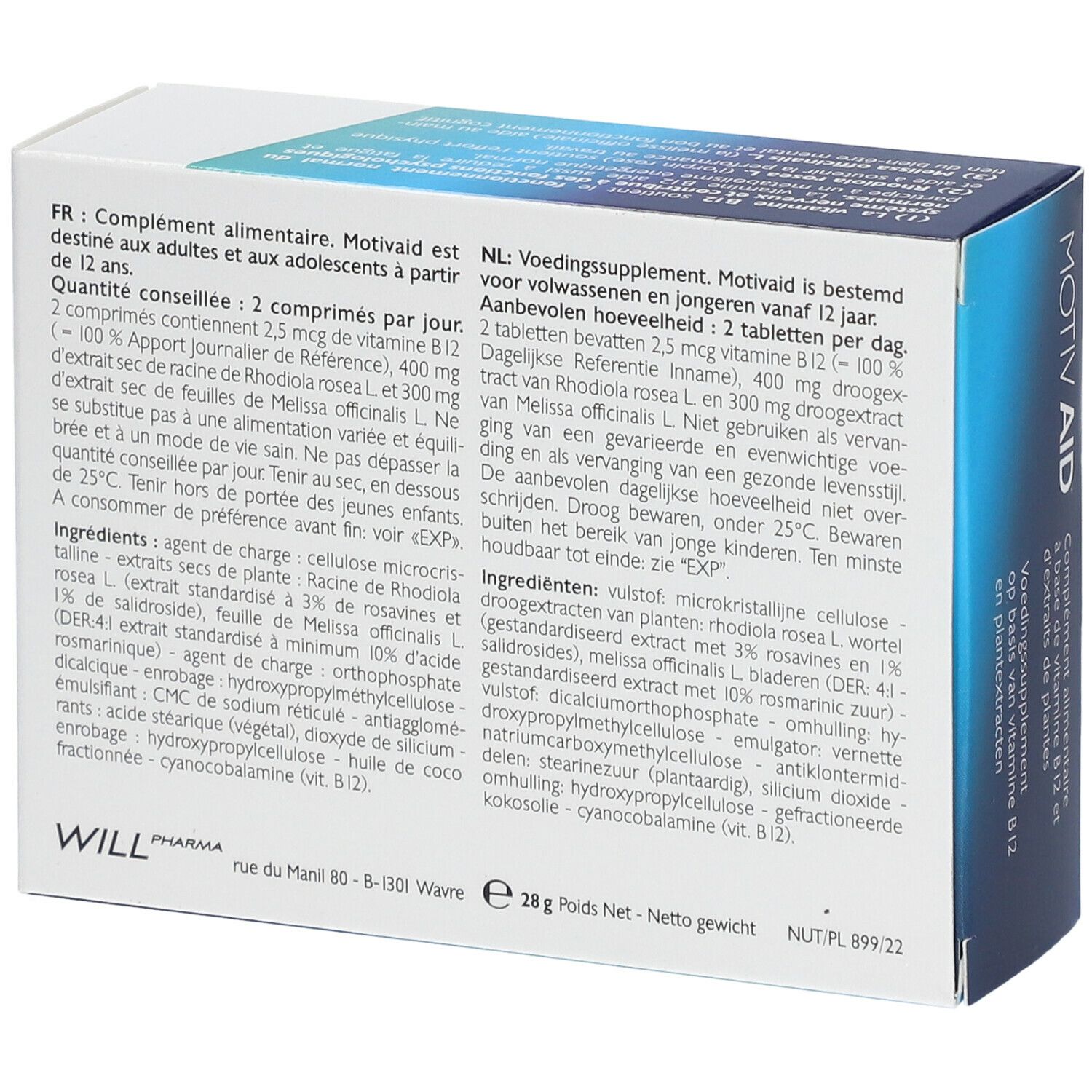 Dos de l'emballage "MOTIV AID". Texte en allemand, français et néerlandais. Ingrédients et dosage.