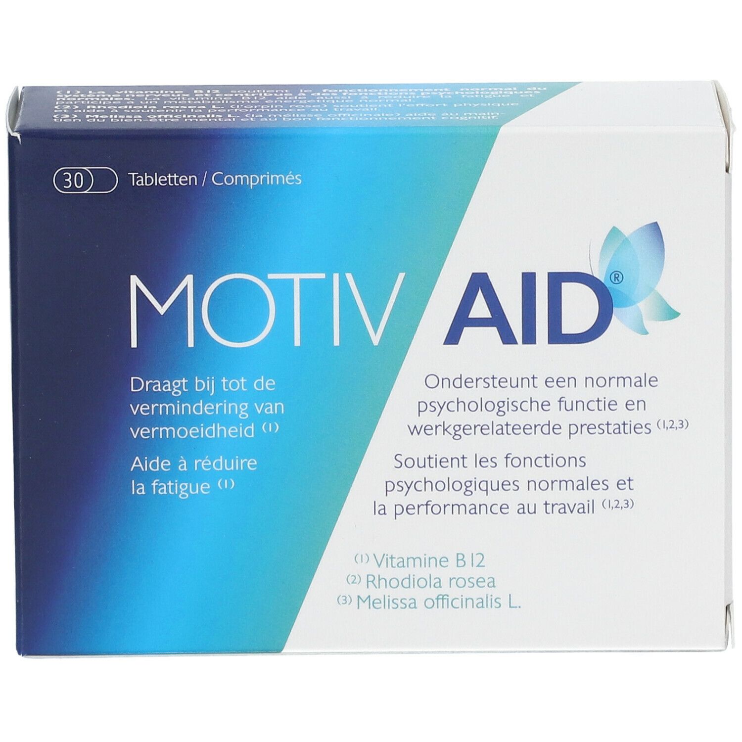 Boîte de comprimés "MOTIV AID". Emballage bleu et blanc. 30 comprimés. Texte et logo.