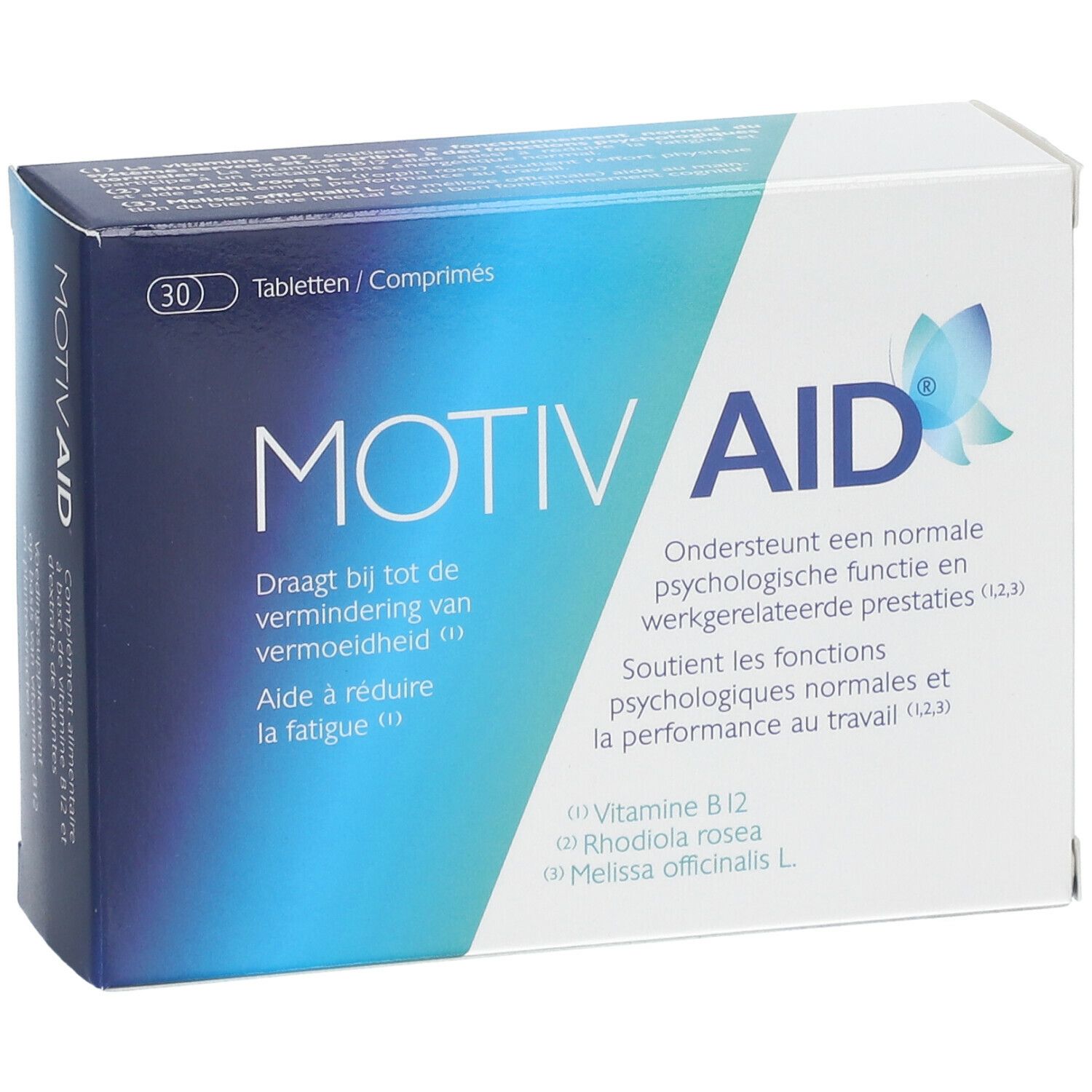 Boîte de comprimés "MOTIV AID". Emballage bleu et blanc. 30 comprimés. Texte et logo.
