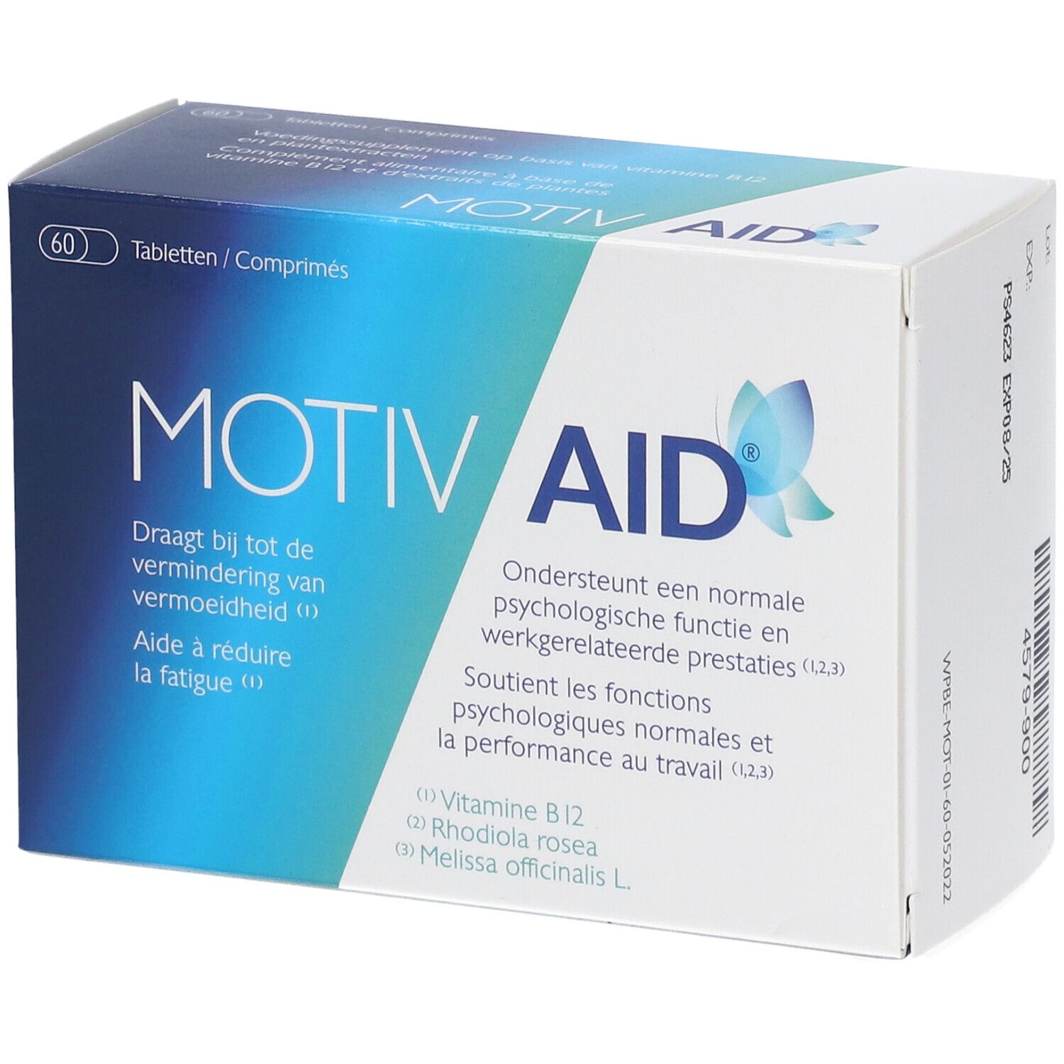 Boîte MotivAid, 60 comprimés. Emballage bleu et blanc avec informations et logo du produit.