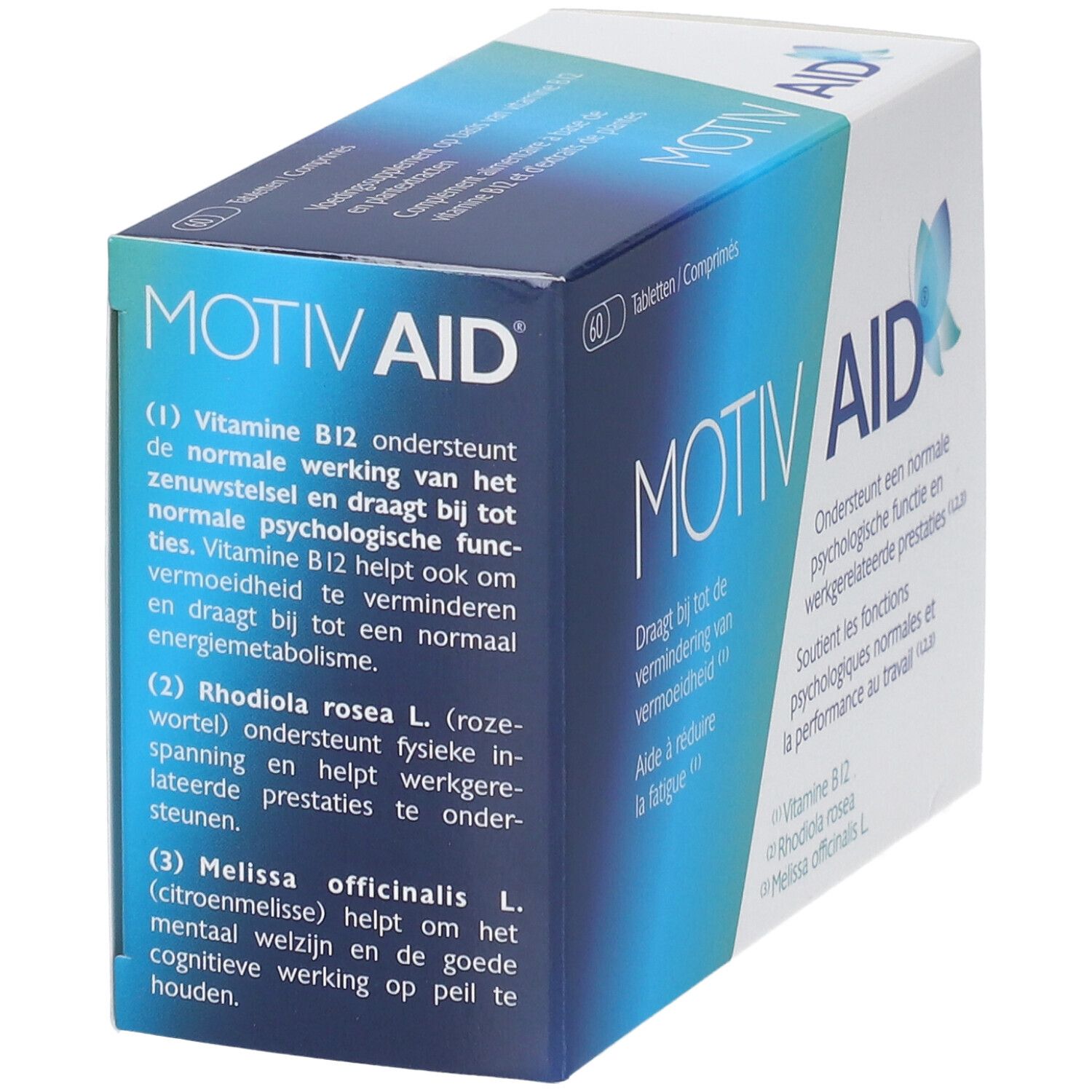 Boîte MotivAid, vue latérale. Contient des informations sur le produit, des ingrédients et le logo.