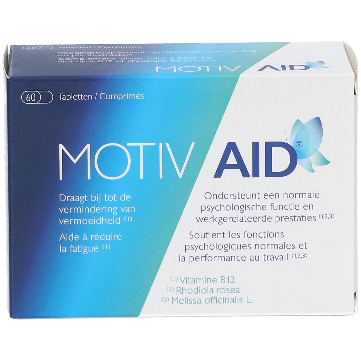 Boîte MotivAid, vue de face. Contient des informations sur le produit et le logo.