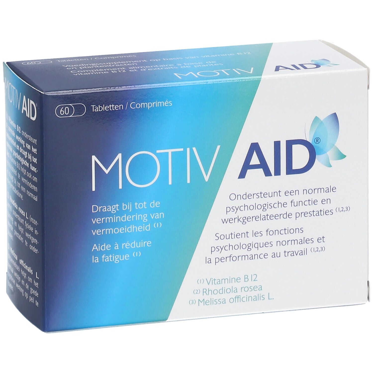 Boîte MotivAid, vue de face. Contient des informations sur le produit et le logo.