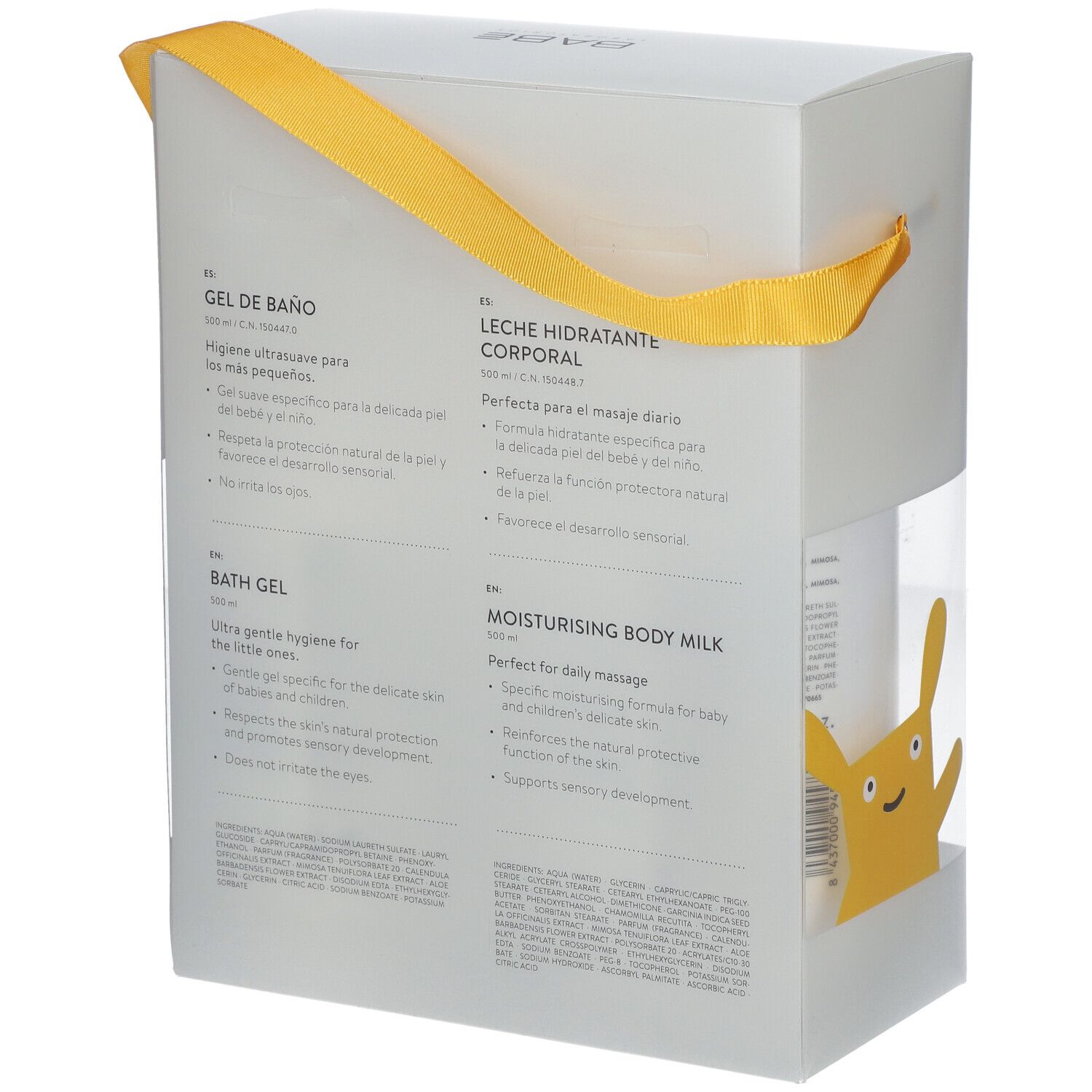 Rückseite der Geschenkbox. Text in mehreren Sprachen: Badegel, Feuchtigkeitsmilch. BABÉ-Logo. Gelber Bandgriff.