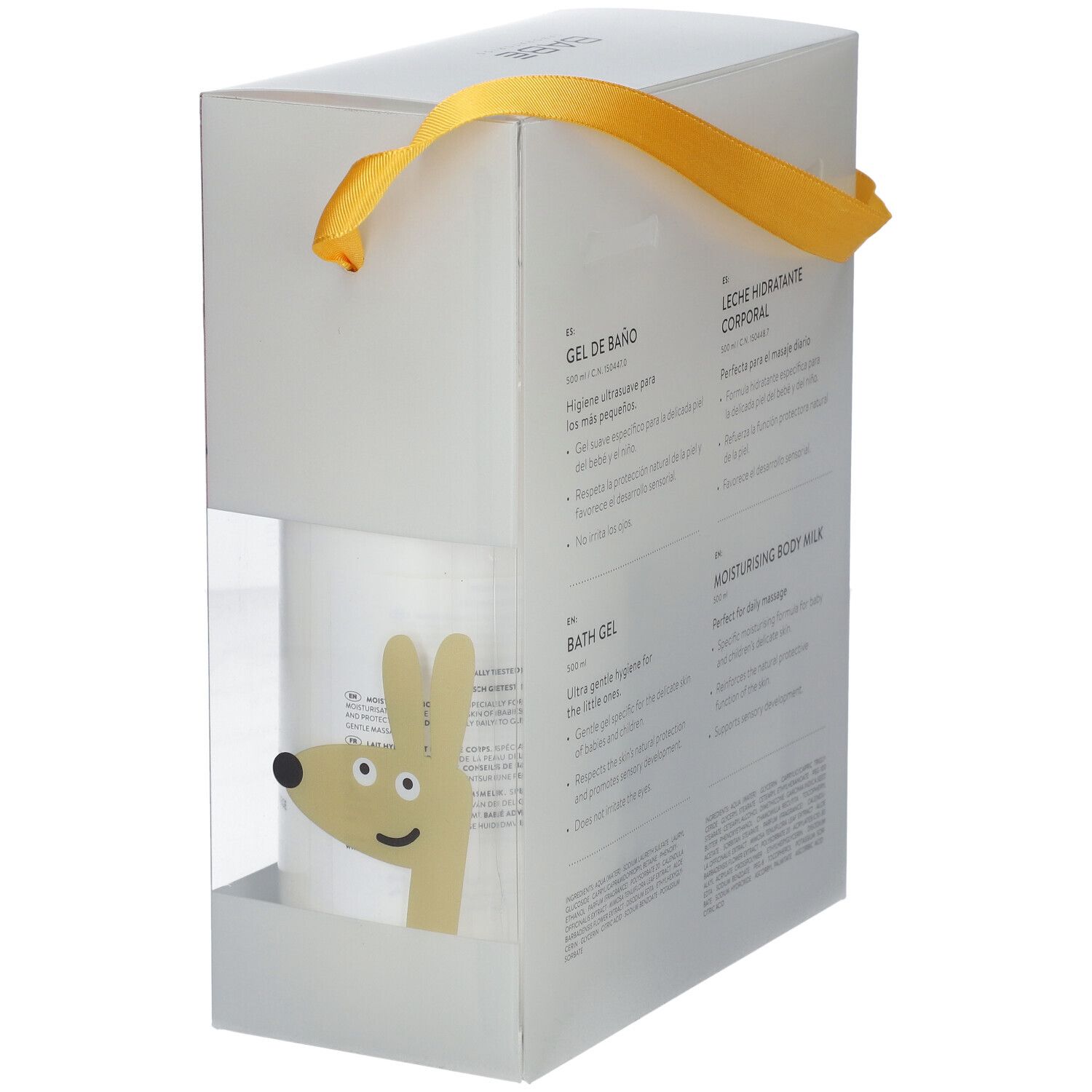 Geschenkbox mit Baby-Pflegeprodukten. Aufdruck: Baby Essentials. Enthält Badegel und Feuchtigkeitsmilch. BABÉ-Logo.