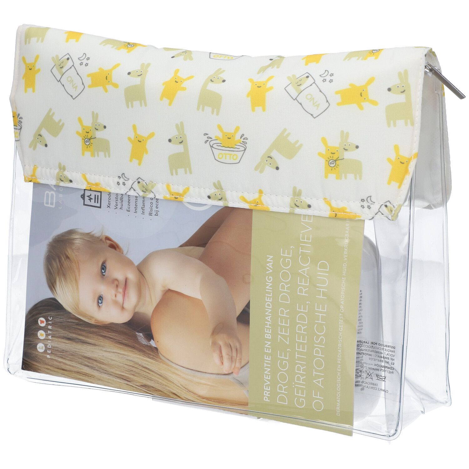 Klare Tasche mit BABÉ-Produkten. Enthält Flaschen, Tuben und Kartons. Deckel mit gelben Tier-Muster. Baby auf der Verpackung.