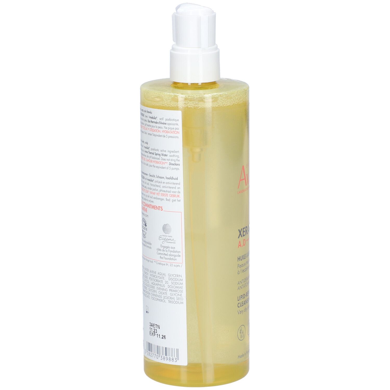 AVENE Xeracalm A.D Huile lavante relipidante. Achterkant van de fles. Tekst en logo's. Ingrediënten en certificeringen.