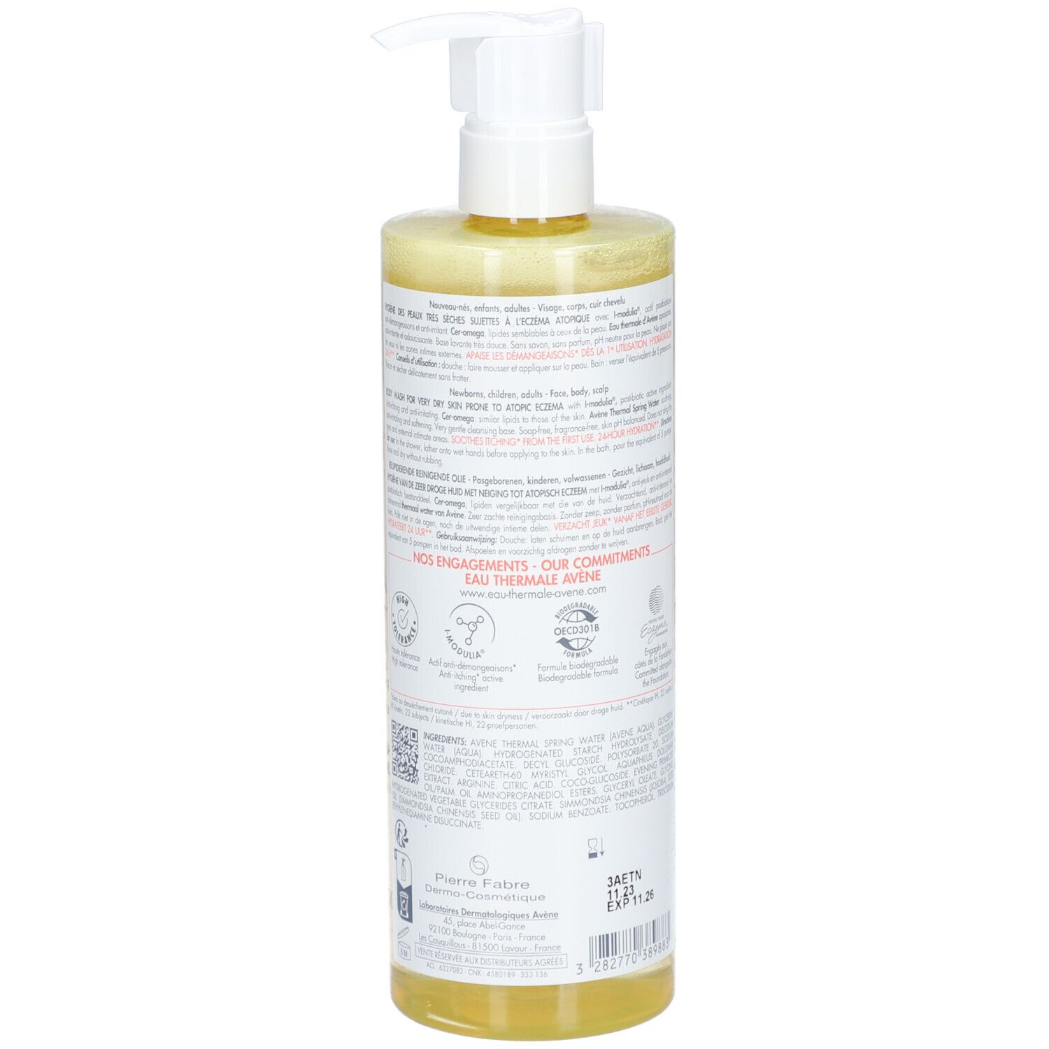 AVENE Xeracalm A.D Huile lavante relipidante. Achterkant van de fles. Tekst en logo's. Ingrediënten en certificeringen.