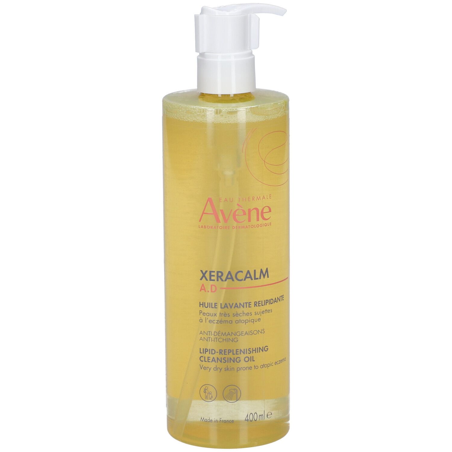 AVENE Xeracalm A.D Huile lavante relipidante. Fles met pomp. Geelachtige vloeistof. Merk en productnaam zichtbaar.