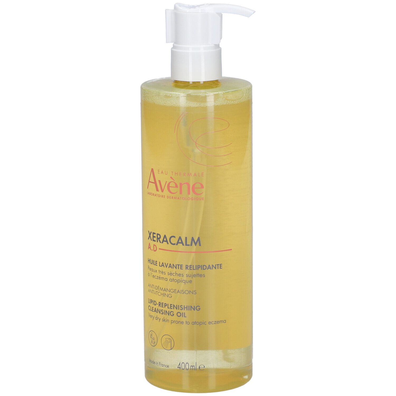 AVENE Xeracalm A.D Huile lavante relipidante. Fles met pomp. Geelachtige vloeistof. Merk en productnaam zichtbaar.