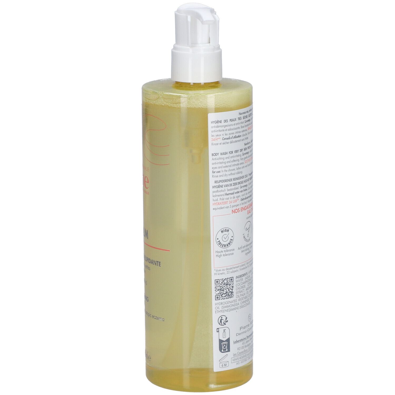 AVENE Xeracalm A.D Huile lavante relipidante. Achterkant van de fles. Tekst en logo's. Ingrediënten en certificeringen.