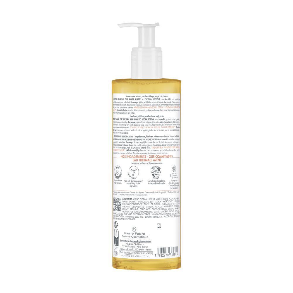AVENE Xeracalm A.D Huile lavante relipidante. Achterkant van de fles. Tekst en logo's. Ingrediënten en certificeringen.