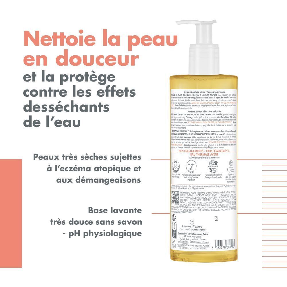AVENE Xeracalm A.D Huile lavante relipidante. Dos du flacon. Texte et logos. Ingrédients et certifications.