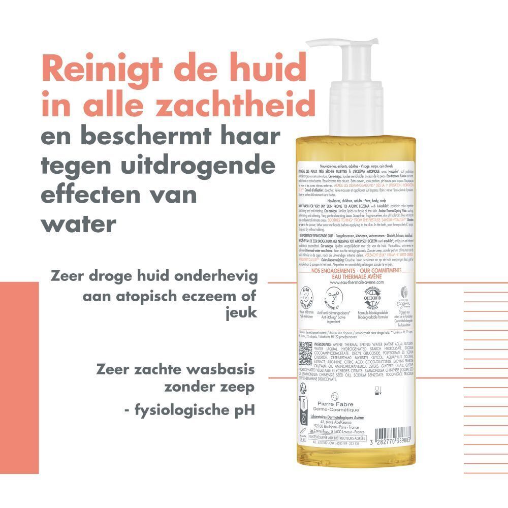 AVENE Xeracalm A.D Huile lavante relipidante. Achterkant van de fles. Tekst en logo's. Ingrediënten en certificeringen.