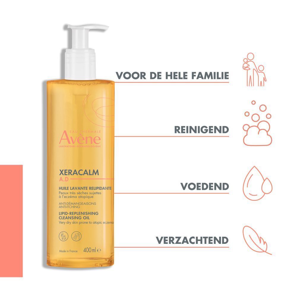 AVENE Xeracalm A.D Huile lavante relipidante. Voorkant van de fles. Tekst en logo's. Productkenmerken.