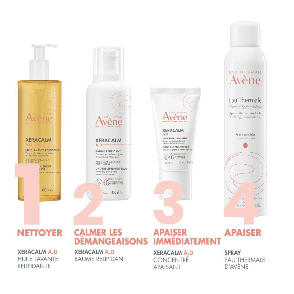 AVENE Xeracalm A.D Huile lavante relipidante. Dos du flacon. Texte et logos. Ingrédients et certifications.