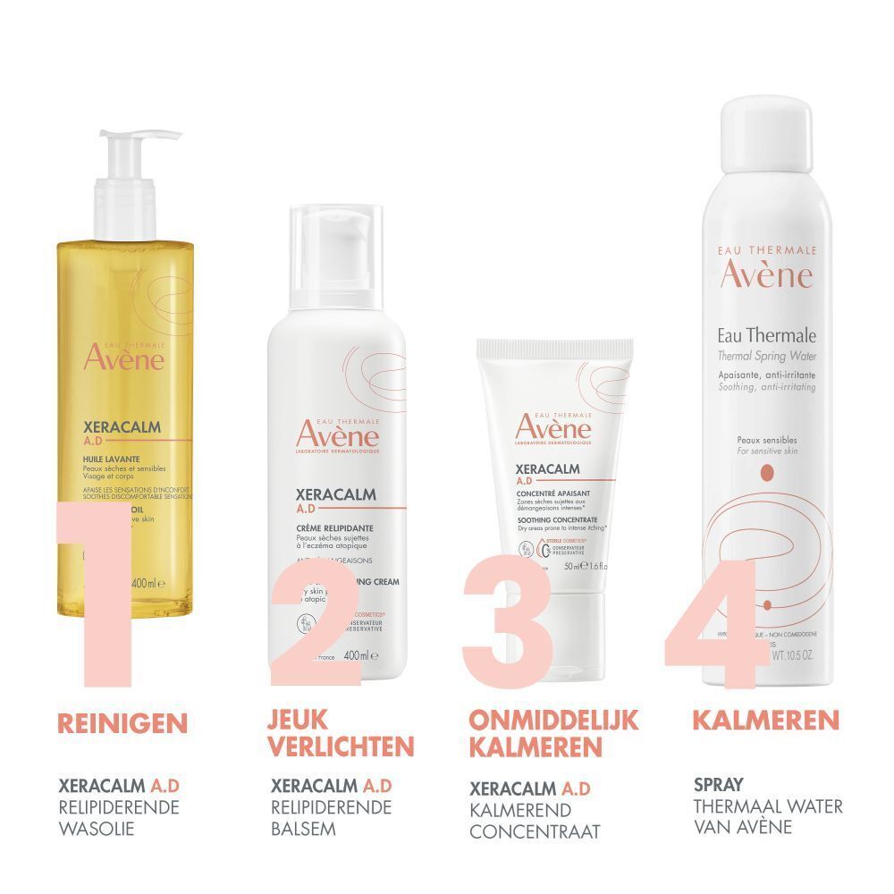AVENE Xeracalm A.D Huile lavante relipidante. Achterkant van de fles. Tekst en logo's. Ingrediënten en certificeringen.