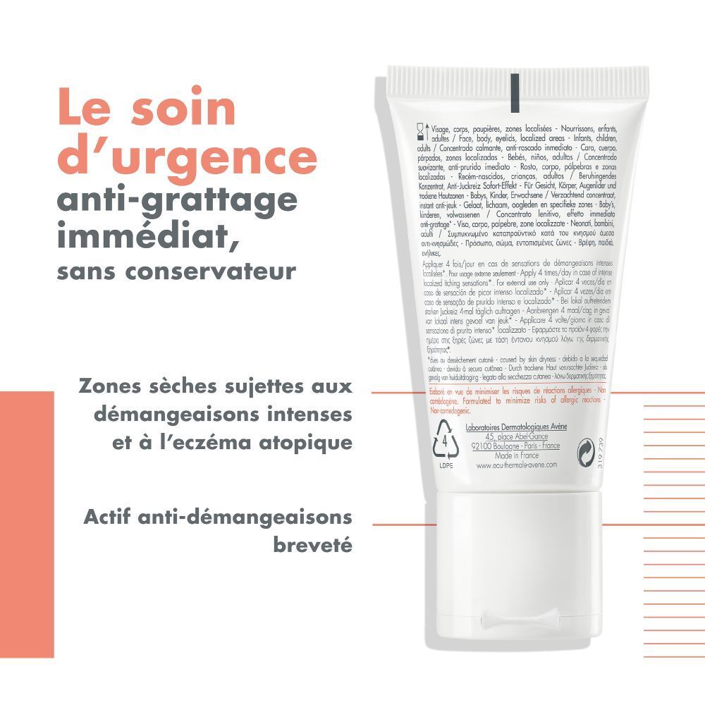 Dos du tube. Texte multilingue. Inscription: Zones sèches sujettes aux démangeaisons intenses.