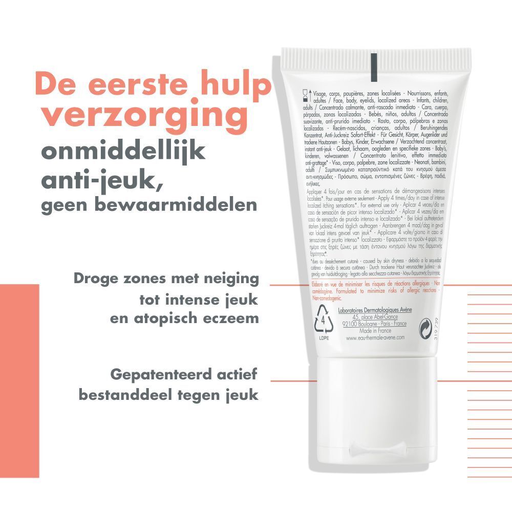 Achterkant van de tube. Meertalige tekst. Opschrift: Zones sèches sujettes aux démangeaisons intenses.