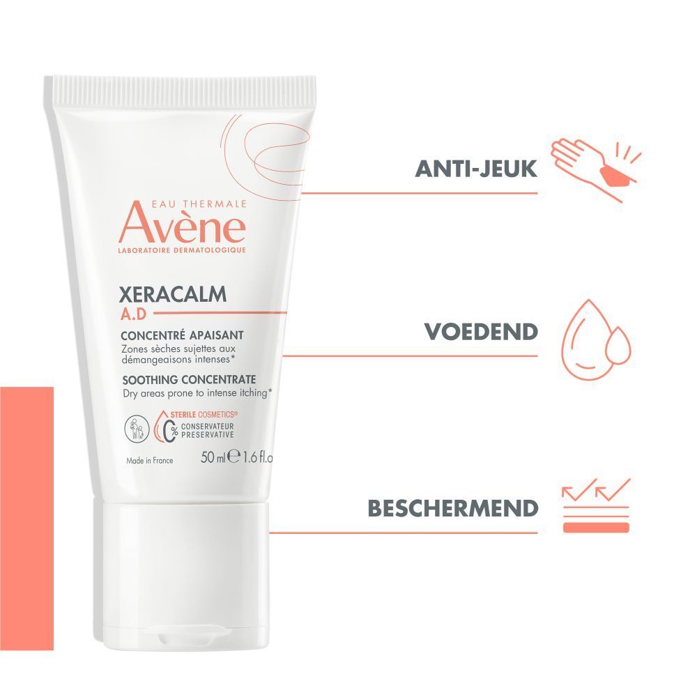 Witte tube. Opschrift: Avène XeraCalm A.D. Concentré apaisant. Steriele cosmetica.