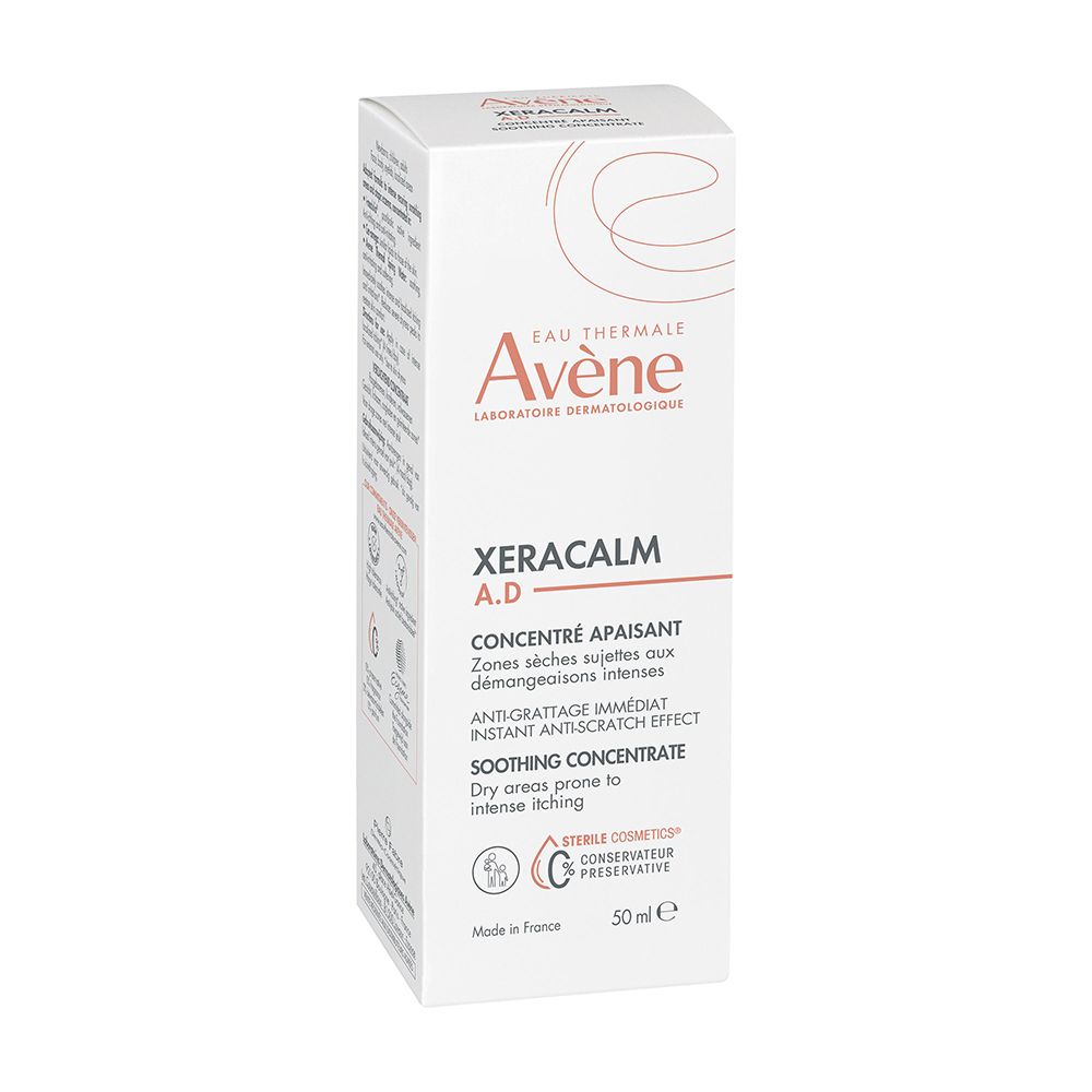 Boîte blanche. Inscription: Avène XeraCalm A.D. Concentré apaisant. Cosmétique stérile.